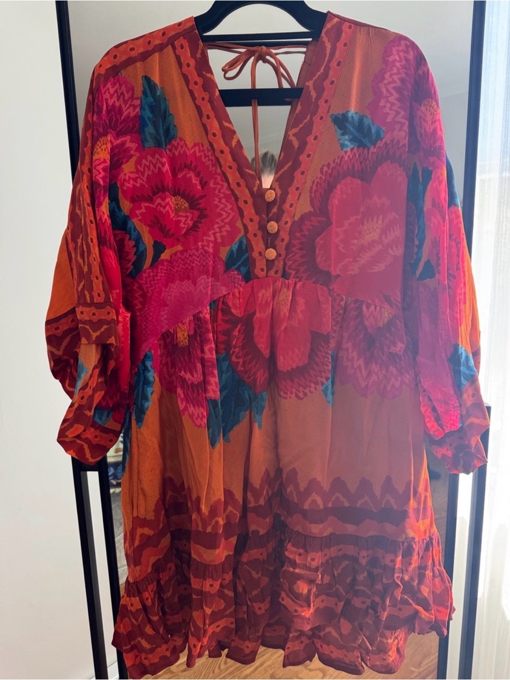 FARM Rio Orange, Red and Teal Floral V-Neck Mini Dress - Picture 5 of 6